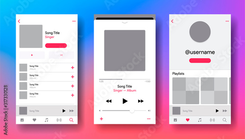 Social media network inspired by Apple Music. Mobile app interface. Subscription music player. Profile, Album, Song, Playlist mockup. Applemusic screen. Vector illustration. photo