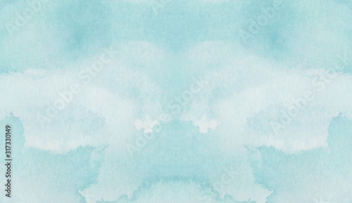Light turquoise color watercolor illustration, creative background, smeared sky blue shades frame. Aquarelle painted textured canvas for vintage design, invitation card