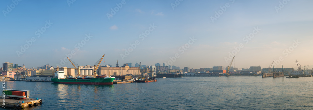 Panoramic view of Napoli cargo port at dawn, Ilaly