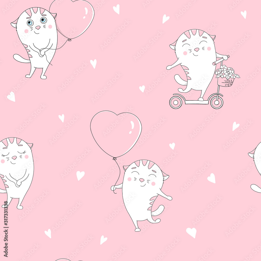 Seamless pattern with cute cats with balloons in the shape of a heart. Valentine s day.