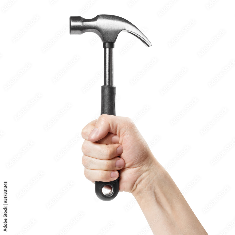Hand holding a hammer, isolated on white background Hand holding a hammer, isolated on white background