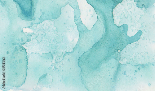 Light turquoise color watercolor illustration, creative background, smeared sky blue shades frame. Aquarelle painted textured canvas for vintage design, invitation card