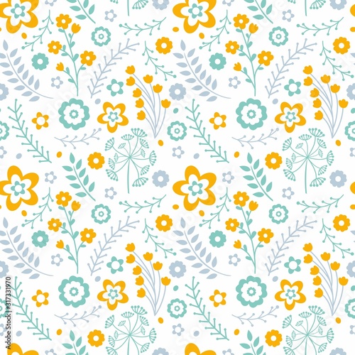 Cute seamless pattern with pastel leaves, flowers and plants. Perfect for wallpapers, wrapping paper and print clothing.