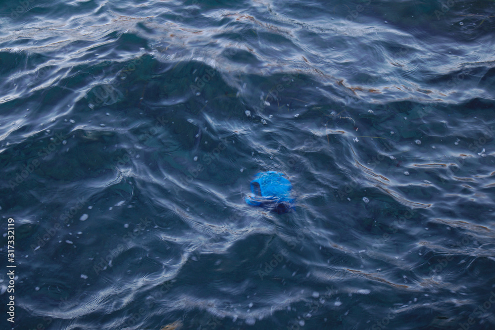 Blue plastic bottle floating in the sea