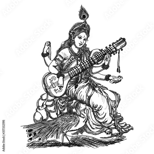 Vector sketched illustration of Goddess of knowledge, music, art, Wisdom and learning Maa Saraswati for Vasant Panchami festival of india. photo