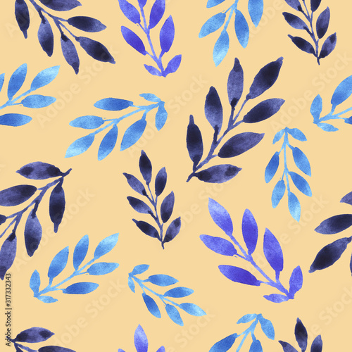 Leaves and twigs. Watercolor hand drawn illustration. Seamless pattern. Print, textiles. Holidays, congratulations background