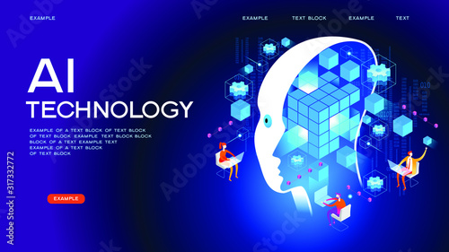 Neural network. Deep learning. Artificial intelligence concept. Robot face and building abstract background