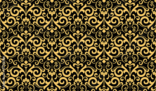 Wallpaper in the style of Baroque. Seamless vector background. Gold and black floral ornament. Graphic pattern for fabric, wallpaper, packaging. Ornate Damask flower ornament