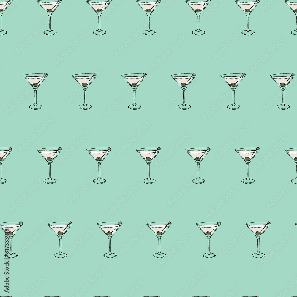 Martini dry Cocktail seamless pattern. Hand drawing sketch outlines on mint background can be printed on textile, wallpaper, wrapping paper, greeting cards, used in logo, banner, landing page. Vector Martini dry Cocktail seamless pattern. Hand drawing sketch outlines on mint background can be printed on textile, wallpaper, wrapping paper, greeting cards, used in logo, banner, landing page. Vector