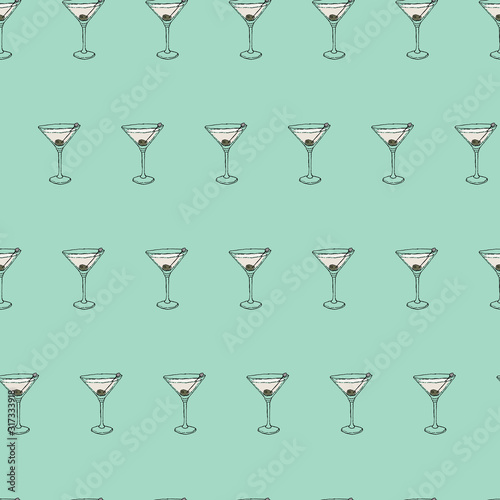 Martini dry Cocktail seamless pattern. Hand drawing sketch outlines on mint background can be printed on textile, wallpaper, wrapping paper, greeting cards, used in logo, banner, landing page. Vector