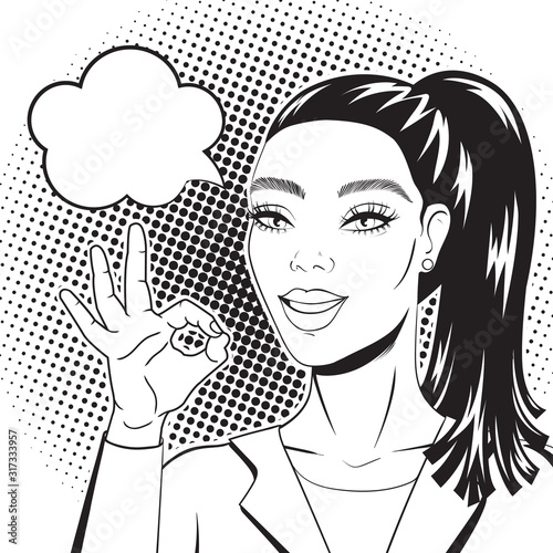 Businesswoman showing OK sign black and white line art in pop art retro comic style, vector illustration
