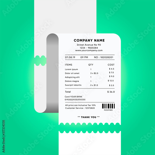 Receipt. Paper check. Financial document. Cash register tape. Flat cartoon invoice design template. Bill and tax information. Vector illustration.
