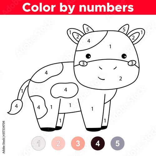 Coloring book for preschool children. Cartoon kawaii character - cow. Farm animals. Number coloring page. Educational game.
