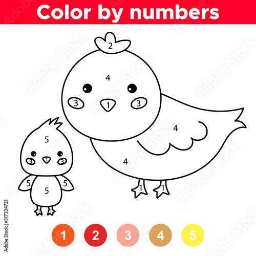 Educational game with cartoon chicken. Farm animals. Number coloring page. Coloring book for preschool kids.