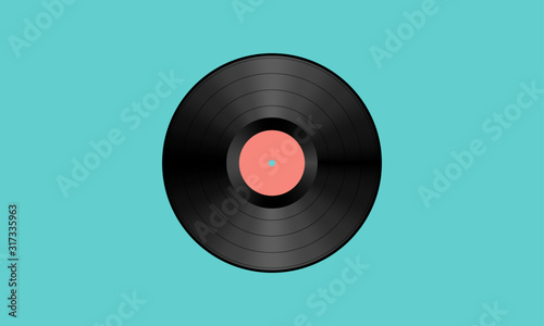 Vector illustration of a phonograph or gramophone vinyl record with modulated spiral groove and a salmon colored empty label. The disc is isolated on a teal background. photo