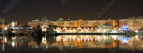 Valencia harbour view at night with circus tent