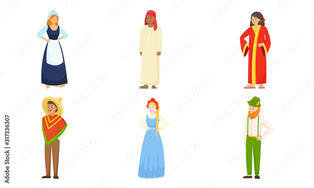 Men and women wearing various national costumes vector illustration Men and women wearing various national costumes vector illustration
