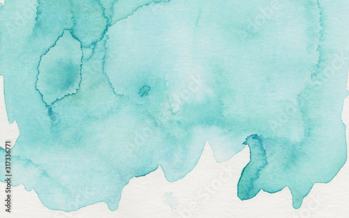 Light turquoise color watercolor illustration, creative background, smeared sky blue shades frame. Aquarelle painted textured canvas for vintage design, invitation card