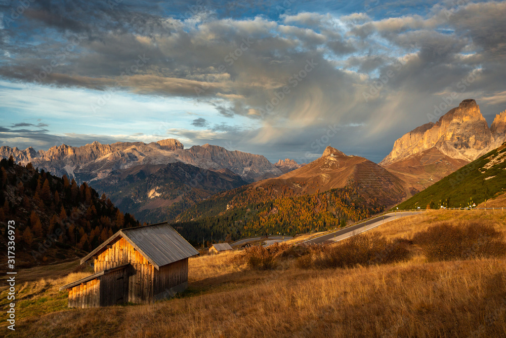 Autumn in Dolomites in Italy, Alpe di Siusi, Tre Cime.