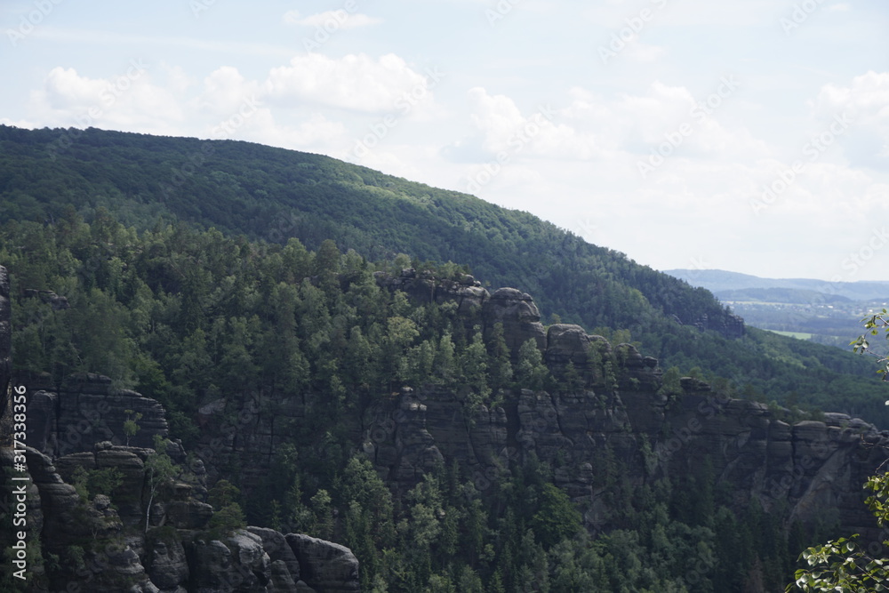 Beautiful sandstone rock formations in front of forest in Saxon Switzerland
