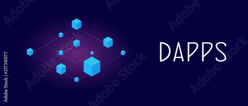 Decentralized Application on ethereum or bitcoin blockchain technology (Dapps). Fintech Open-source software and Smart Contract concept. Header and footer banner template with text
