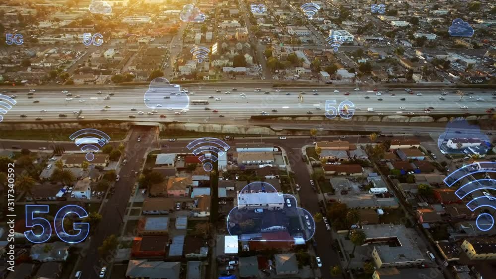 Smart highway connected through 5G. Wireless network, mobile technology concept, smart traffic control, cloud computing, artificial intelligence, internet of things. Aerial view.