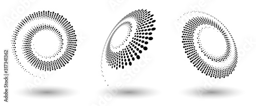 Halftone circle frame, abstract dots logo emblem design element for any project. Round border icon or backgroud. Abstract dotted halftone vector with differents perspective