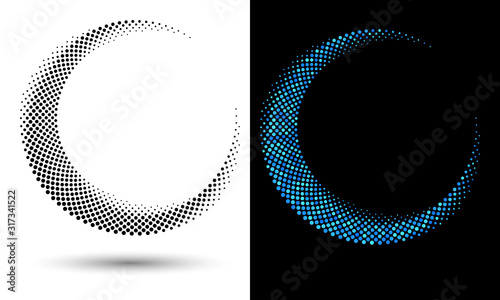 Halftone round as icon or background. Black and blue abstract vectors circle frame with dots as logo or emblem. Circle border isolated on background for your design.