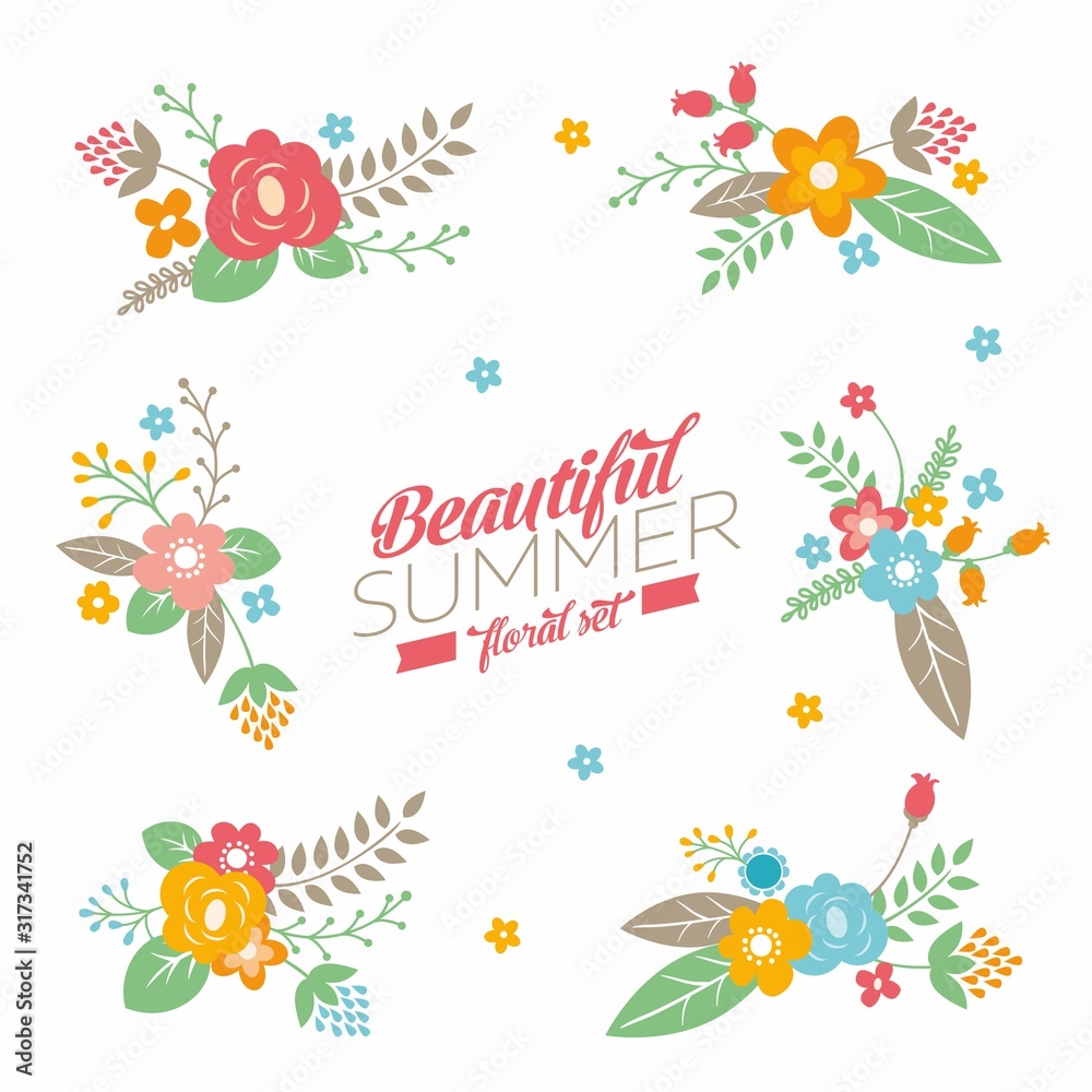 Collection with cute summer bouquet and typography. Set of retro flowers, branches and leaves.