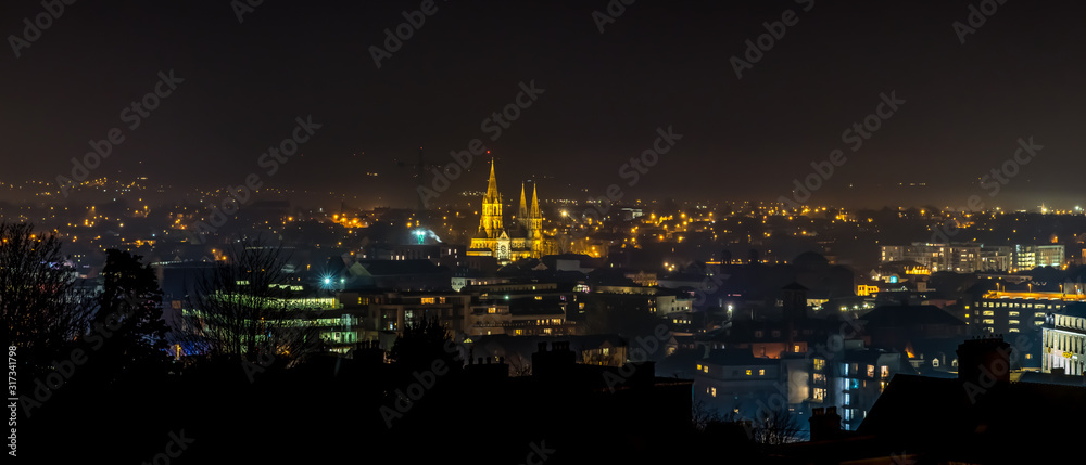 Beautiful night scene Cork Ireland Patrick's Hill panorama Saint Fin Barre's Cathedral