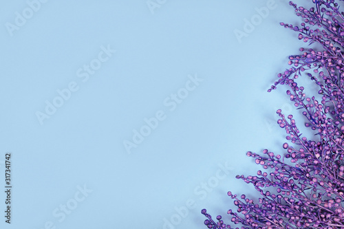 Artificial purple berry branch on sides with blank copy space on blue background in middle