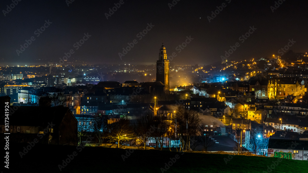 Beautiful night scene Cork Ireland Patrick's Hill panorama Shandon Bell church