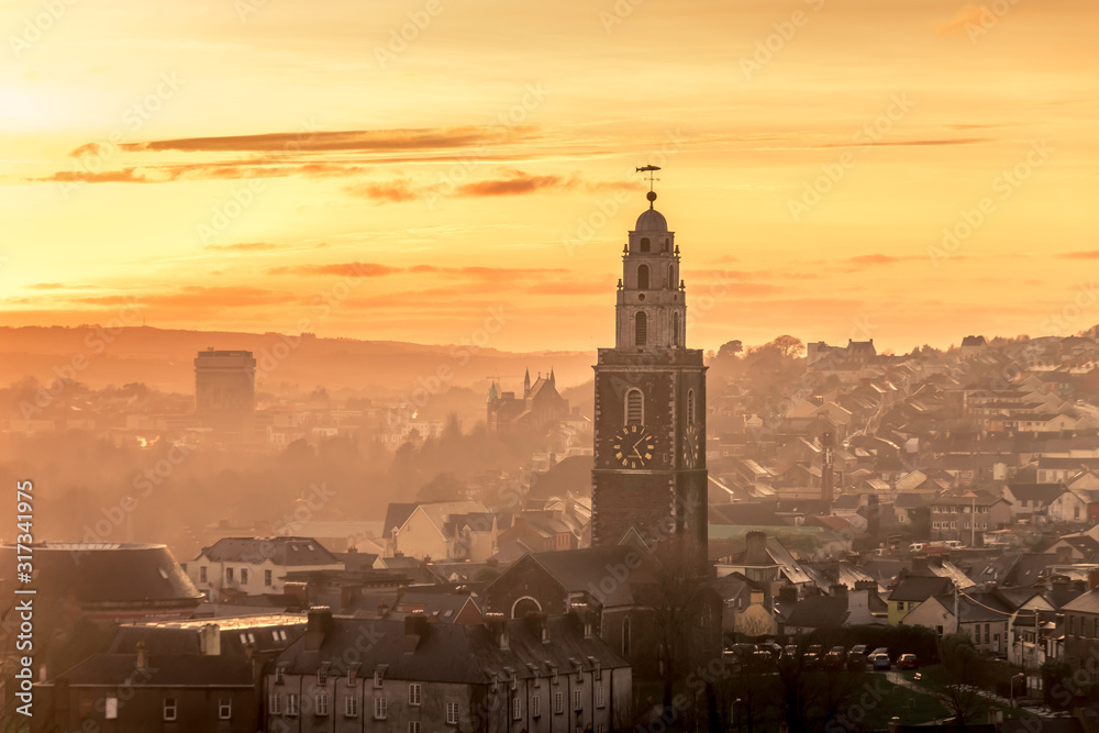 Beautiful sunset scene Cork Ireland Patrick's Hill panorama Shandon Bell church