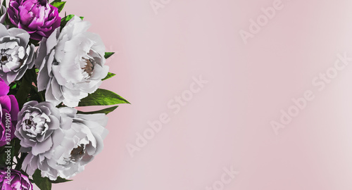 Pastel pink floral background with white and purple peonies on side. Women's Day background. Floral background concept. Spring time concept. Invitation, greeting card. Mockup. 3d rendering