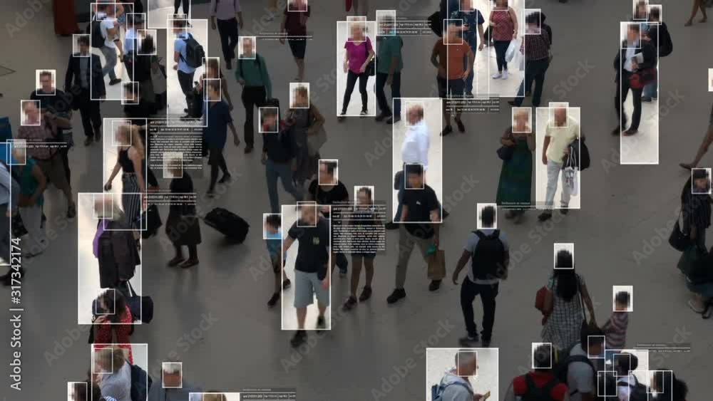 High view of commuters walking. Facial recognition interface showing personal data for each person. Surveillance concept. Artificial intelligence. Deep learning.