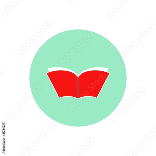 Widely opened book with white pages like wings and red cover in turquoise circle.