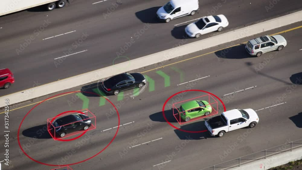 Aerial view of self driving cars in a highway. Perfect to illustrate concepts as: autonomous transportation, big data, traffic control, futuristic cities. Artificial intelligence. Boxes. Aerial view of self driving cars in a highway. Perfect to illustrate concepts as: autonomous transportation, big data, traffic control, futuristic cities. Artificial intelligence. Boxes.