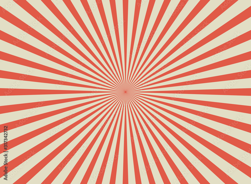 Sunlight retro wide horizontal background. Pale red and beige color burst background.