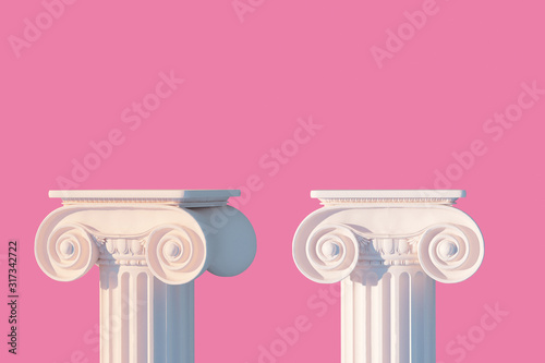 Fotografia White ancient column pedestal isolated pink museum piece background, Greek pilla