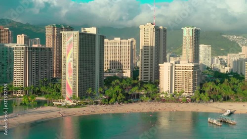 Aerial view of the magnificent tropical beaches and luxury hotels throughout the shoreline in Oahu island. Wakiki. City skyline. Hawaii. U.S. photo