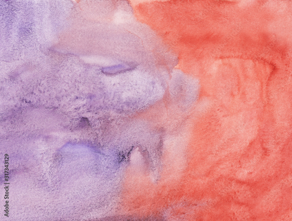 Watercolor light violet and red background painting texture. Multicolored watercolour pastel backdrop, stains on paper.