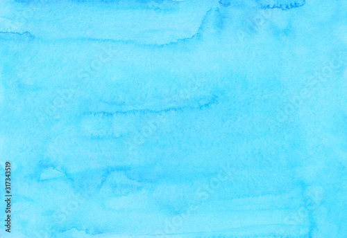 Watercolor light cyan blue background painting. Watercolour bright sky blue stains on paper. Artistic backdrop.