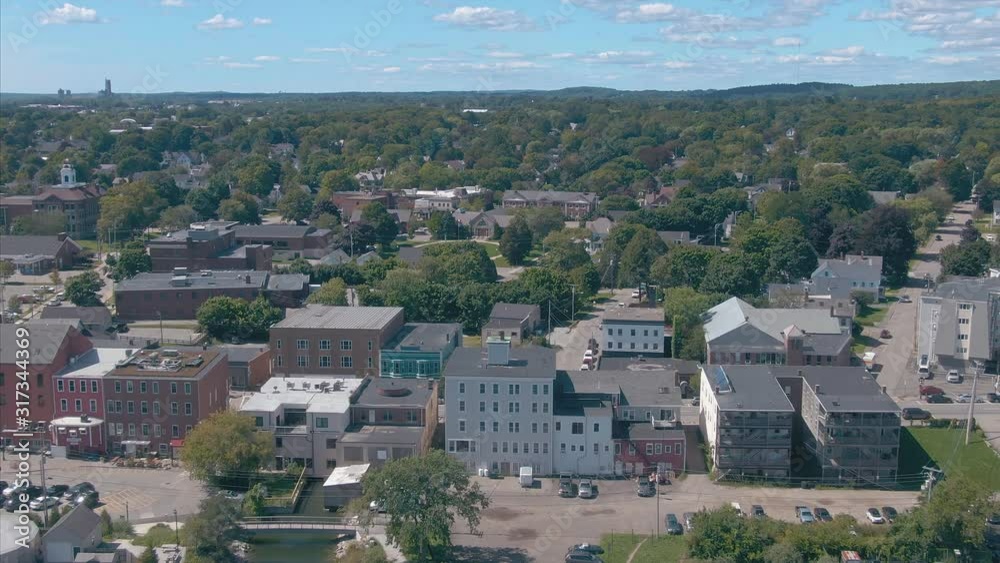 Aerial: Seaside town and houses of Rockland, Maine, USA. 