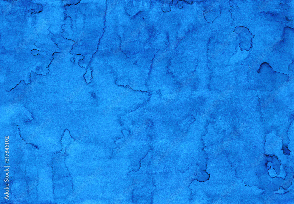 Watercolor azure blue background painting texture. Vintage hand painted liquid watercolour backdrop. Stains on paper.