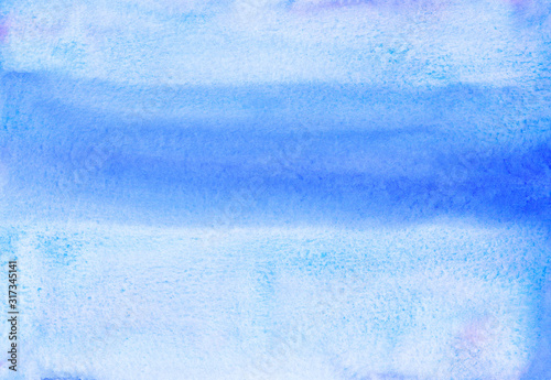 Watercolor blue and white background painting. Stripe on light backdrop, hand painted. Brush strokes on paper. © Kseniya