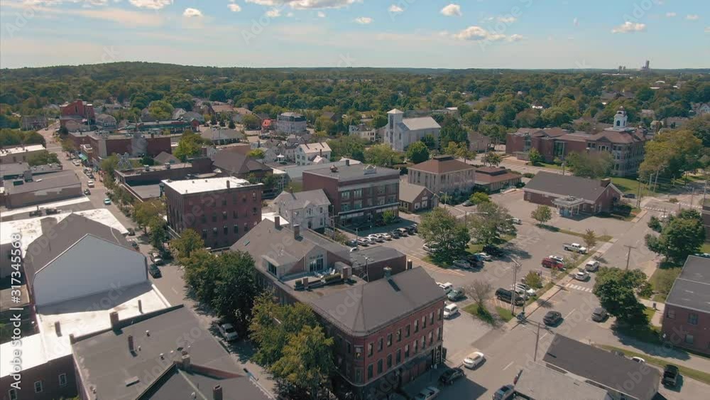 Aerial: Seaside town and houses of Rockland, Maine, USA. Aerial: Seaside town and houses of Rockland, Maine, USA.
