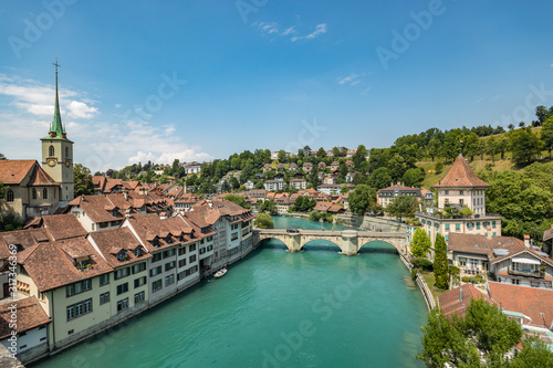 Bern, Switzerland - July 26, 2019: Panoramic view from one of the bridges. . Aare river at sunny summer day