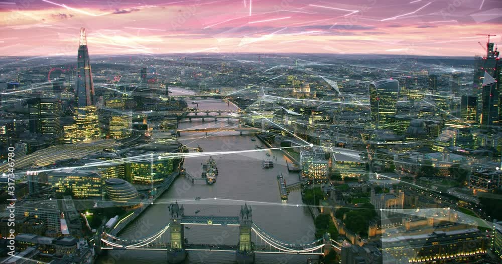 Aerial view of London Skyline with connections. Technology-Futuristic. High tech view of the financial district connected through a network. Internet of Things. Artificial intelligence.