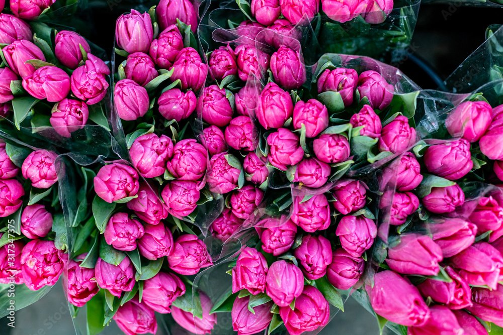 Precious Pink Tulips in flower shop, top view
