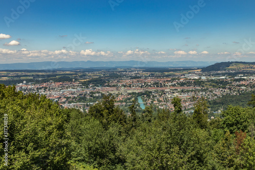 Bern, Switzerland - July 30, 2019: Panoramic view at sunny summer day fro the top of Gurten Mountain Park